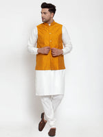 Thumbnail for Jompers Men's White Solid Kurta with Pyjamas & Yellow Nehru Jacket - Distacart