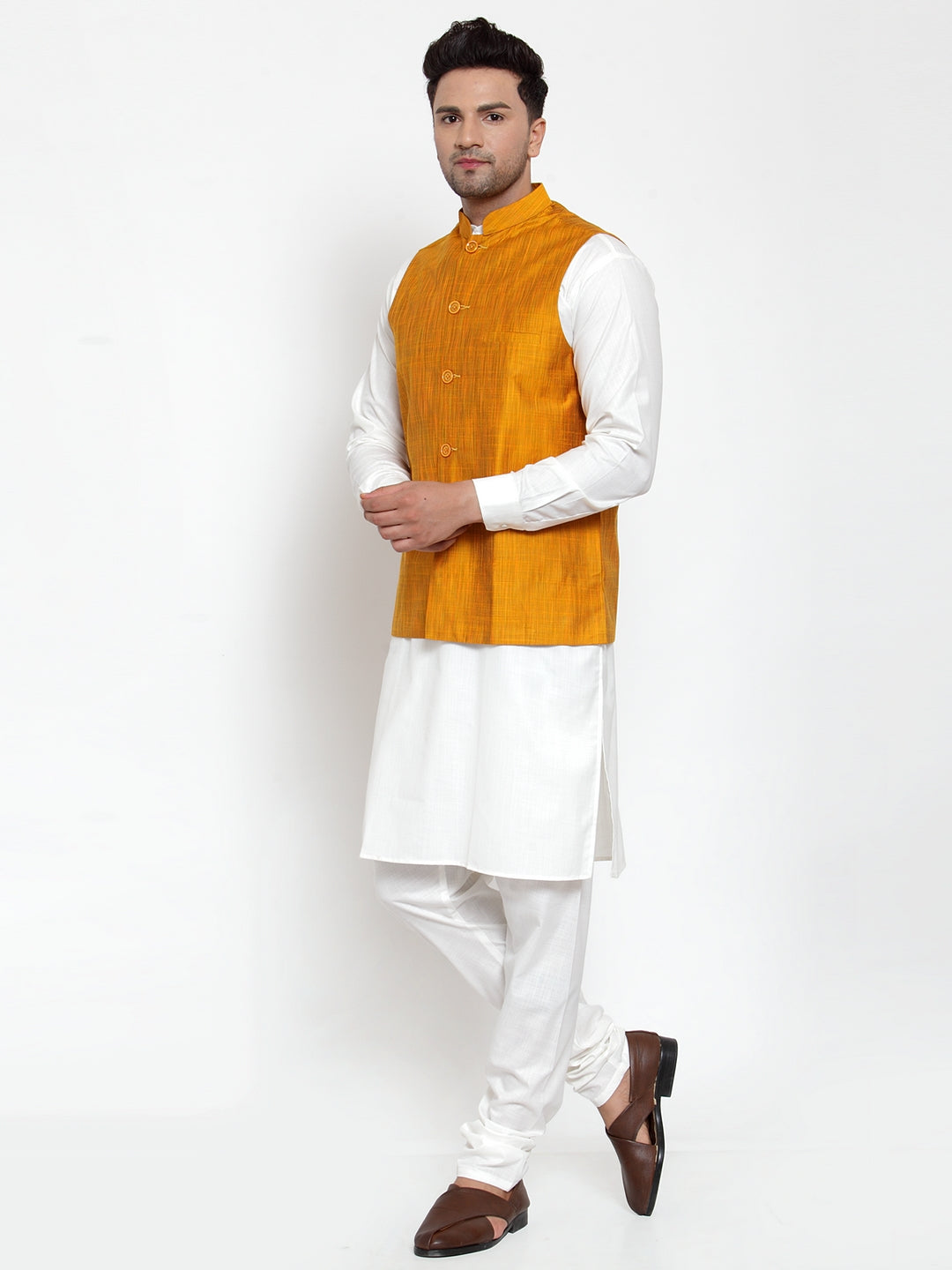 Jompers Men's White Solid Kurta with Pyjamas & Yellow Nehru Jacket - Distacart