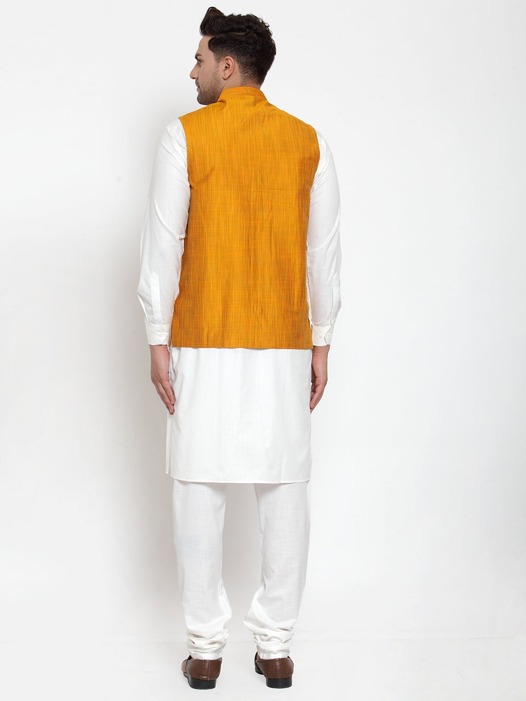 Jompers Men's White Solid Kurta with Pyjamas & Yellow Nehru Jacket - Distacart