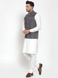 Thumbnail for Jompers Men's White Solid Kurta with Pyjamas & Blue Nehru Jacket - Distacart