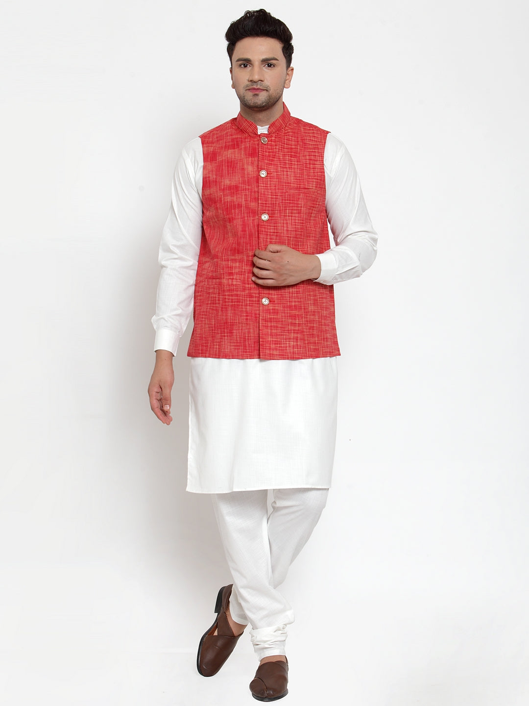 Jompers Men's White Solid Kurta with Pyjamas & Red Nehru Jacket - Distacart