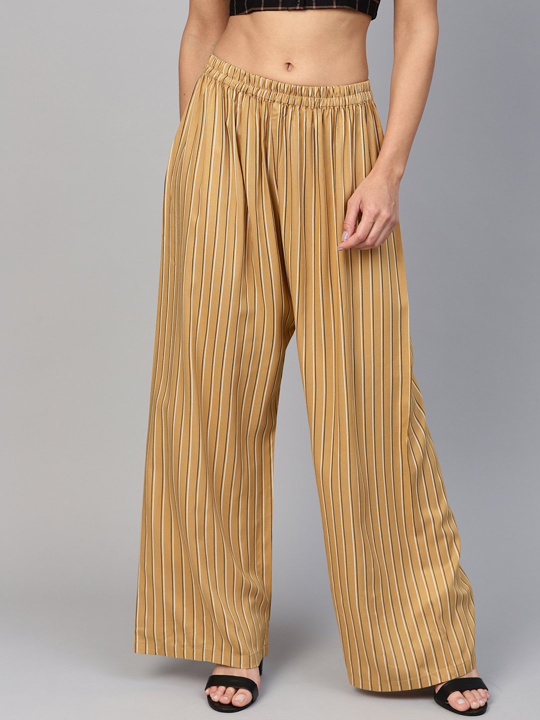 Jompers Women Beige & Black Striped Straight Palazzos - Distacart