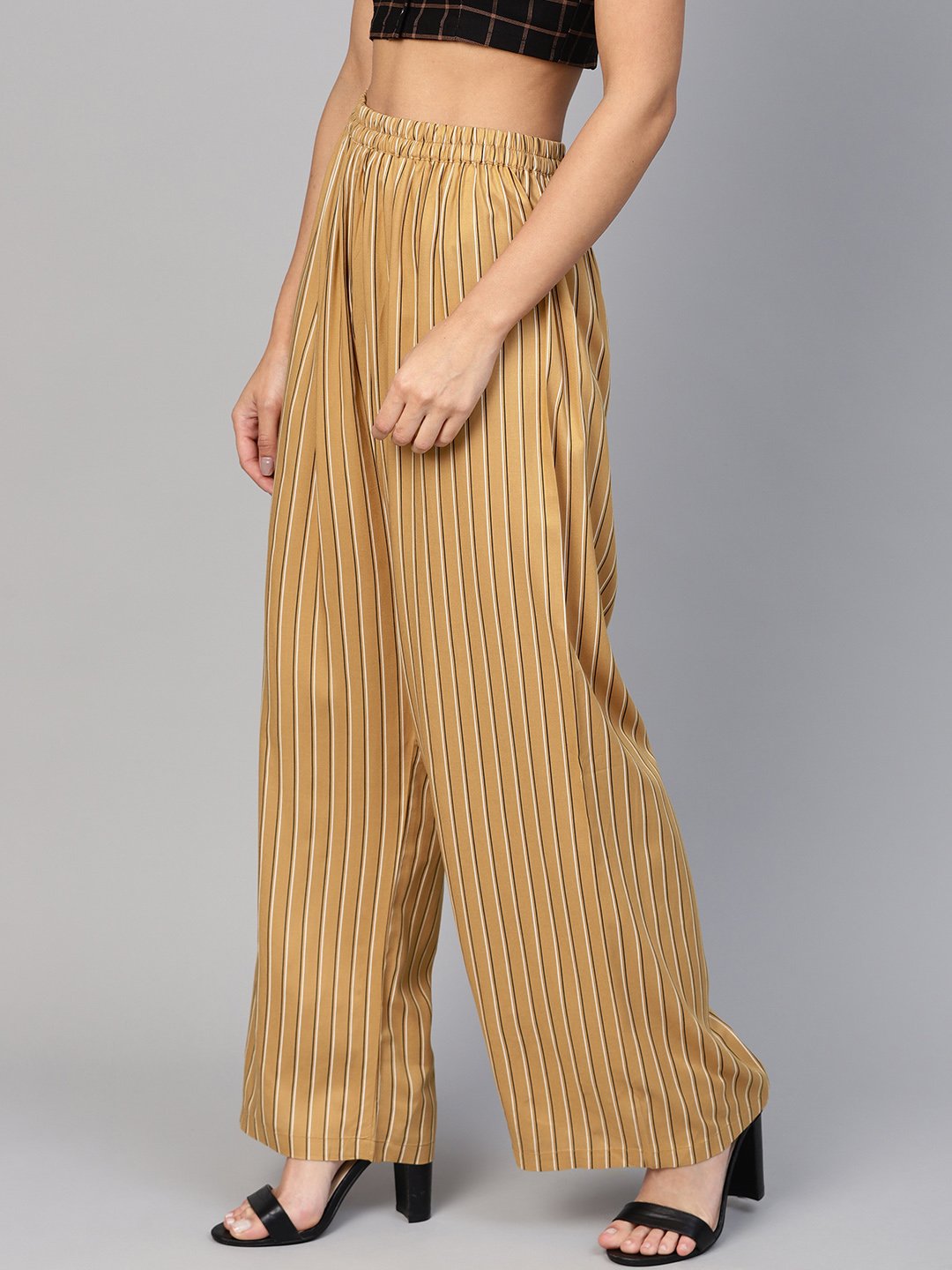 Jompers Women Beige & Black Striped Straight Palazzos - Distacart