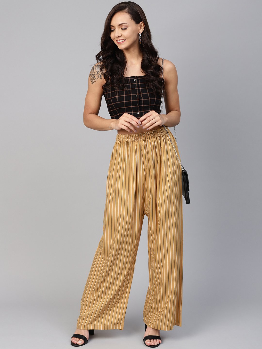 Jompers Women Beige & Black Striped Straight Palazzos - Distacart
