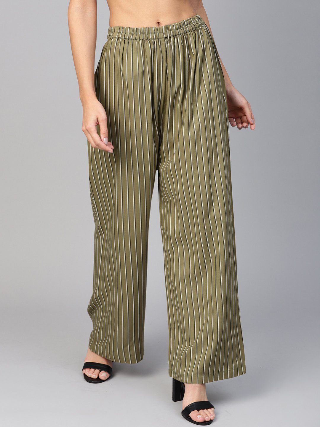 Jompers Women Olive Green & Black Striped Straight Palazzos - Distacart
