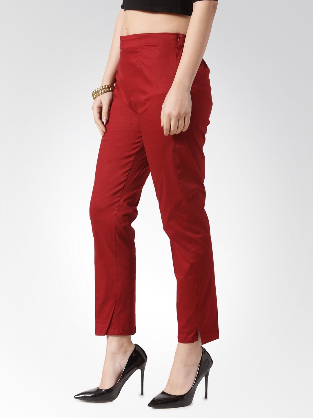 Jompers Women Maroon Smart Slim Fit Solid Regular Trousers - Distacart
