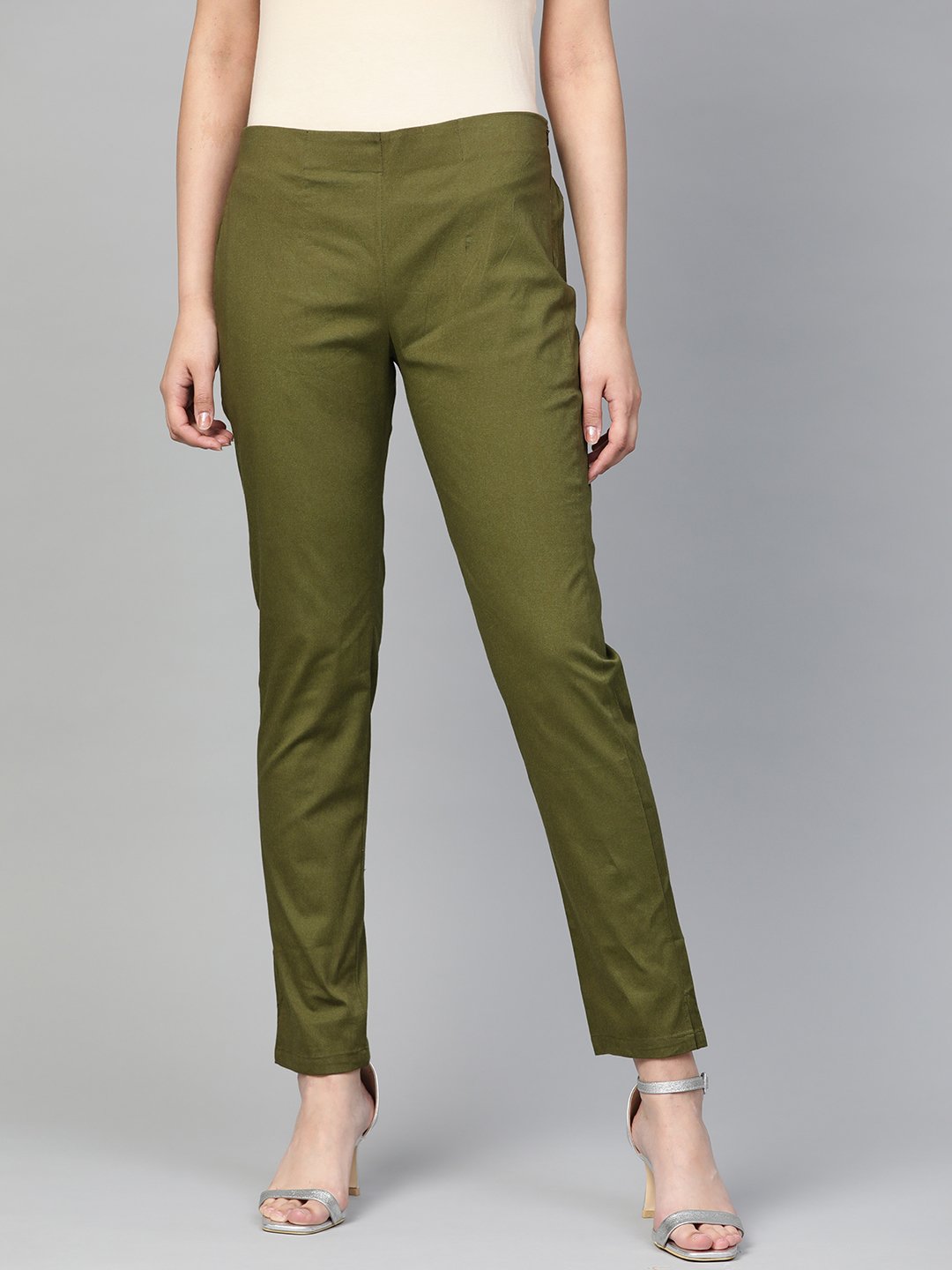 Jompers Women Olive Green Smart Slim Fit Solid Regular Trousers - Distacart