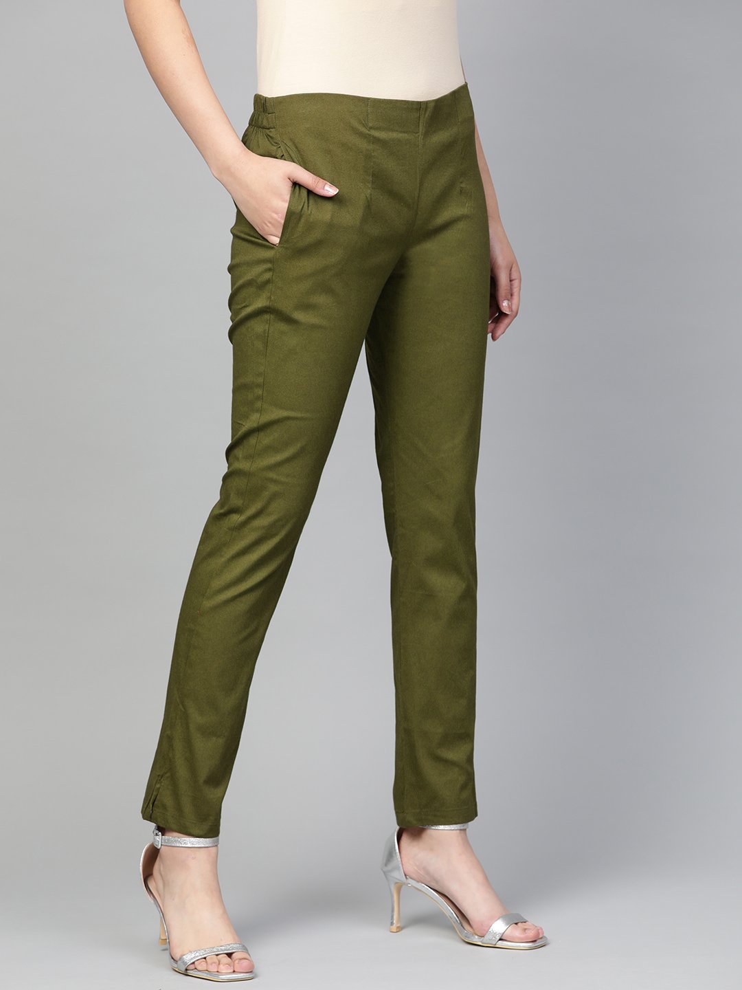 Jompers Women Olive Green Smart Slim Fit Solid Regular Trousers - Distacart