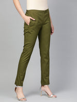 Thumbnail for Jompers Women Olive Green Smart Slim Fit Solid Regular Trousers - Distacart