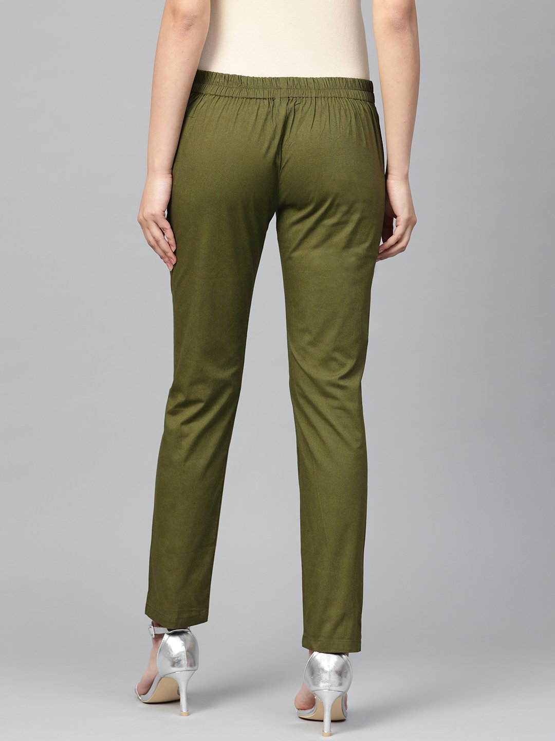 Jompers Women Olive Green Smart Slim Fit Solid Regular Trousers - Distacart