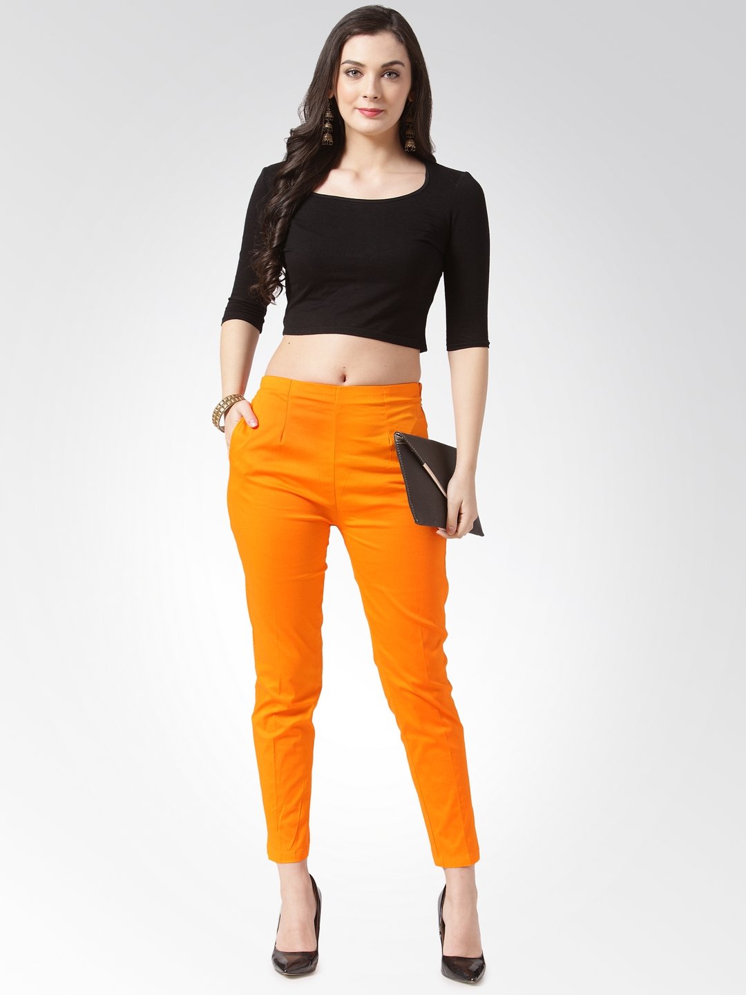 Jompers Women Orange Smart Slim Fit Solid Regular Trousers - Distacart