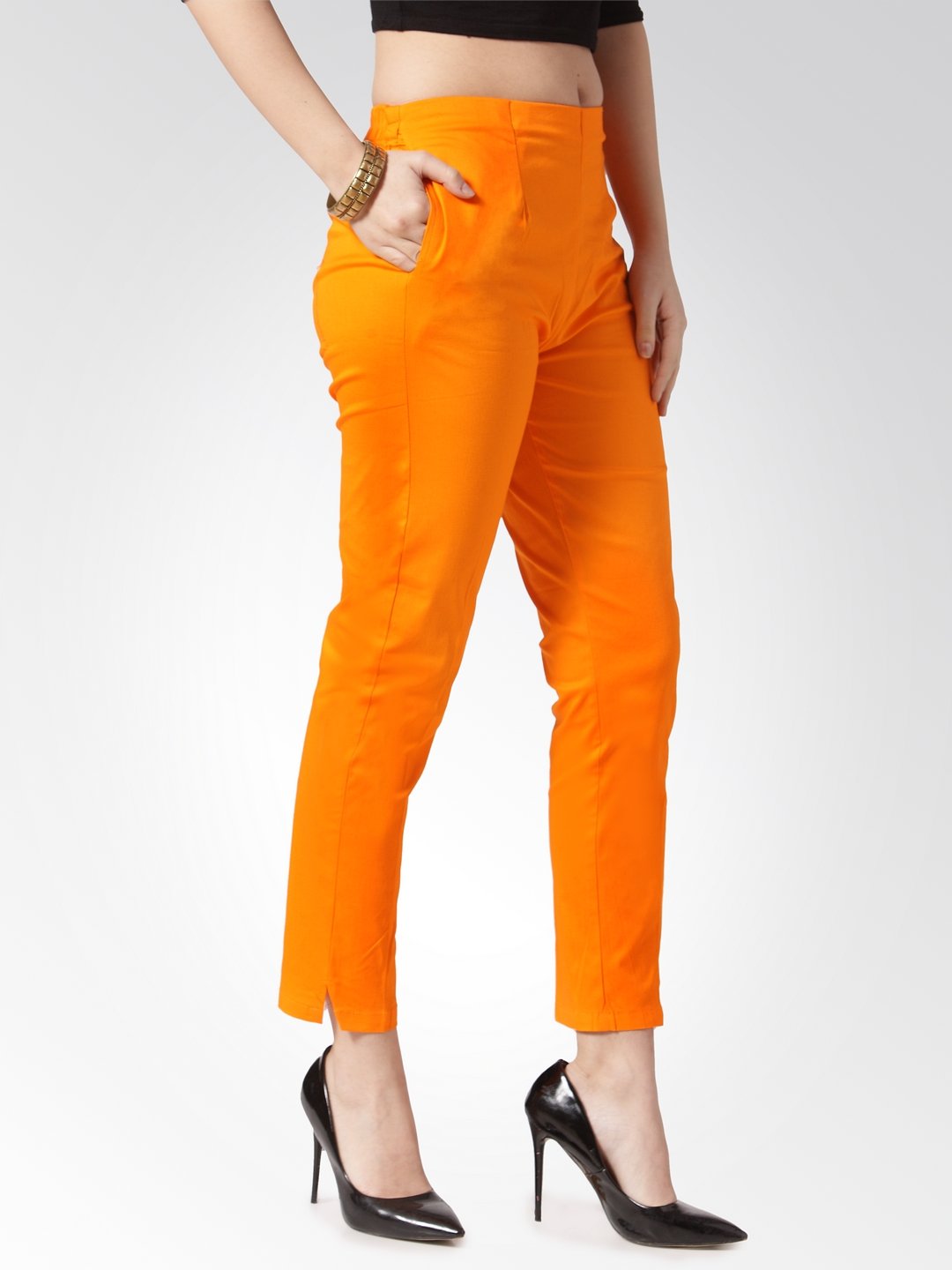 Jompers Women Orange Smart Slim Fit Solid Regular Trousers - Distacart