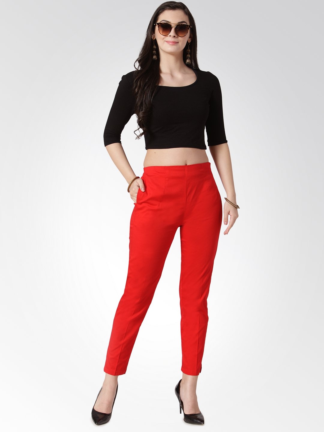 Jompers Women Red Smart Slim Fit Solid Regular Trousers - Distacart