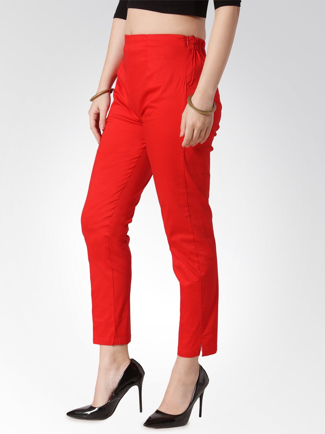 Jompers Women Red Smart Slim Fit Solid Regular Trousers - Distacart
