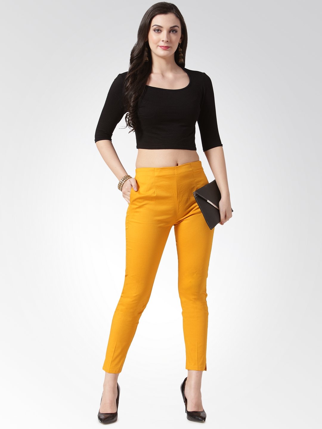 Jompers Women Mustard Smart Slim Fit Solid Regular Trousers ( Yellow ) - Distacart