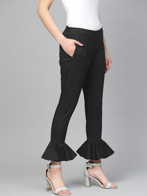 Jompers Women Black Smart Slim Fit Solid Bottom Flared Trousers - Distacart
