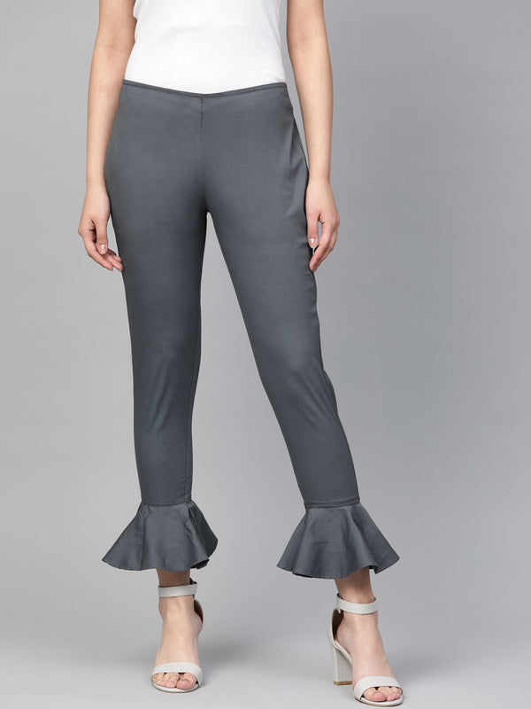 Jompers Women Grey Smart Fit Solid Bottom Flared Trousers - Distacart