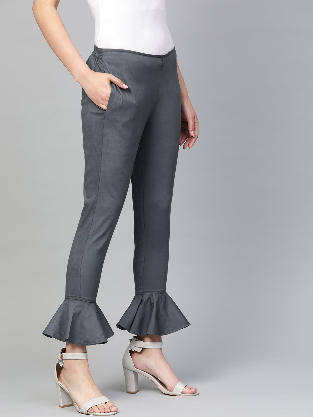 Jompers Women Grey Smart Fit Solid Bottom Flared Trousers - Distacart