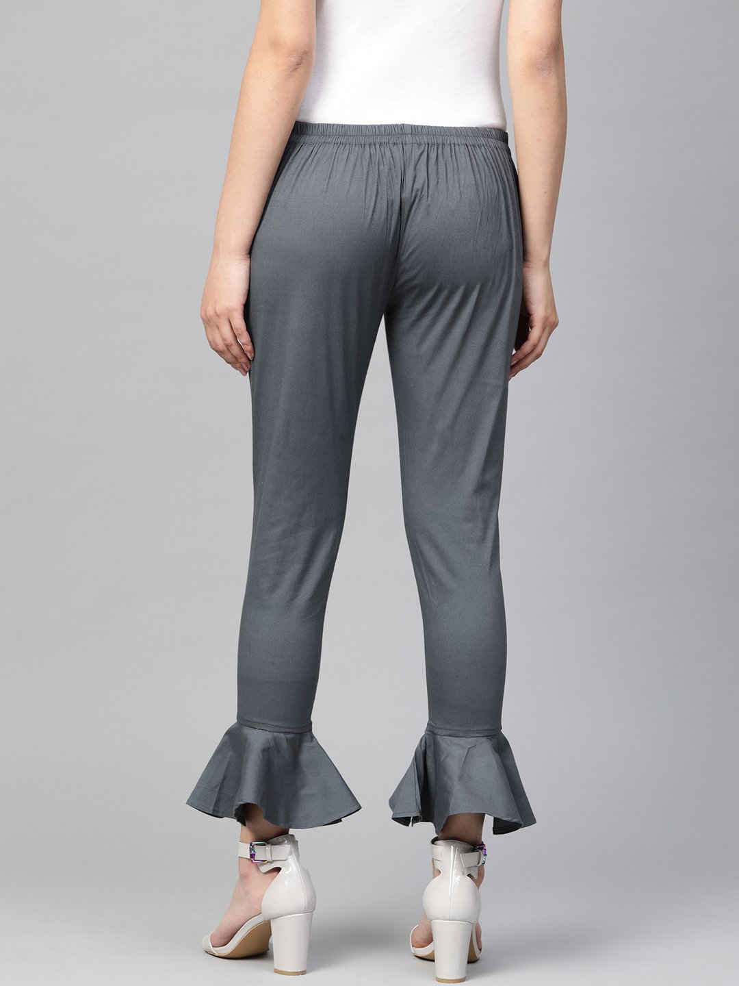 Jompers Women Grey Smart Fit Solid Bottom Flared Trousers - Distacart