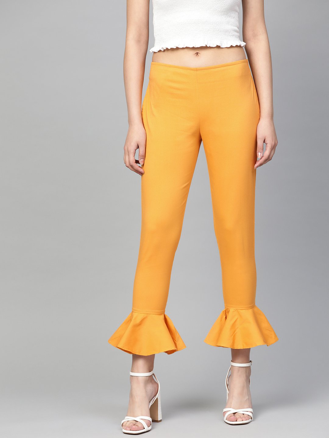 Jompers Women Mustard Smart Fit Solid Bottom Flared Trousers - Distacart