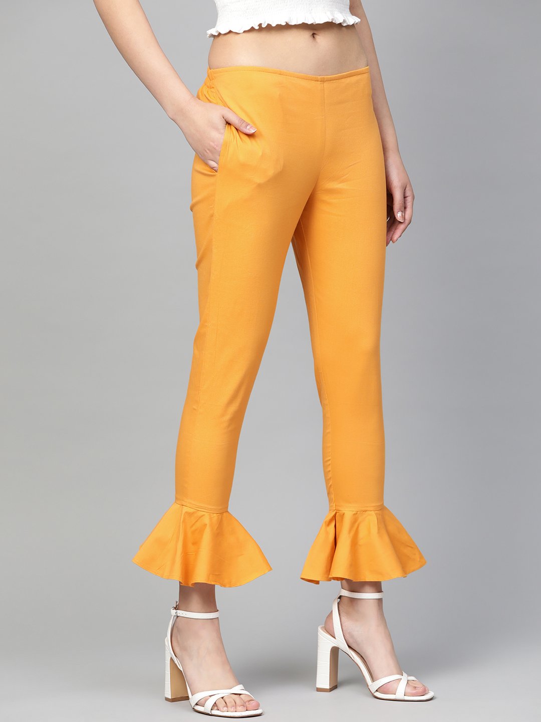 Jompers Women Mustard Smart Fit Solid Bottom Flared Trousers - Distacart