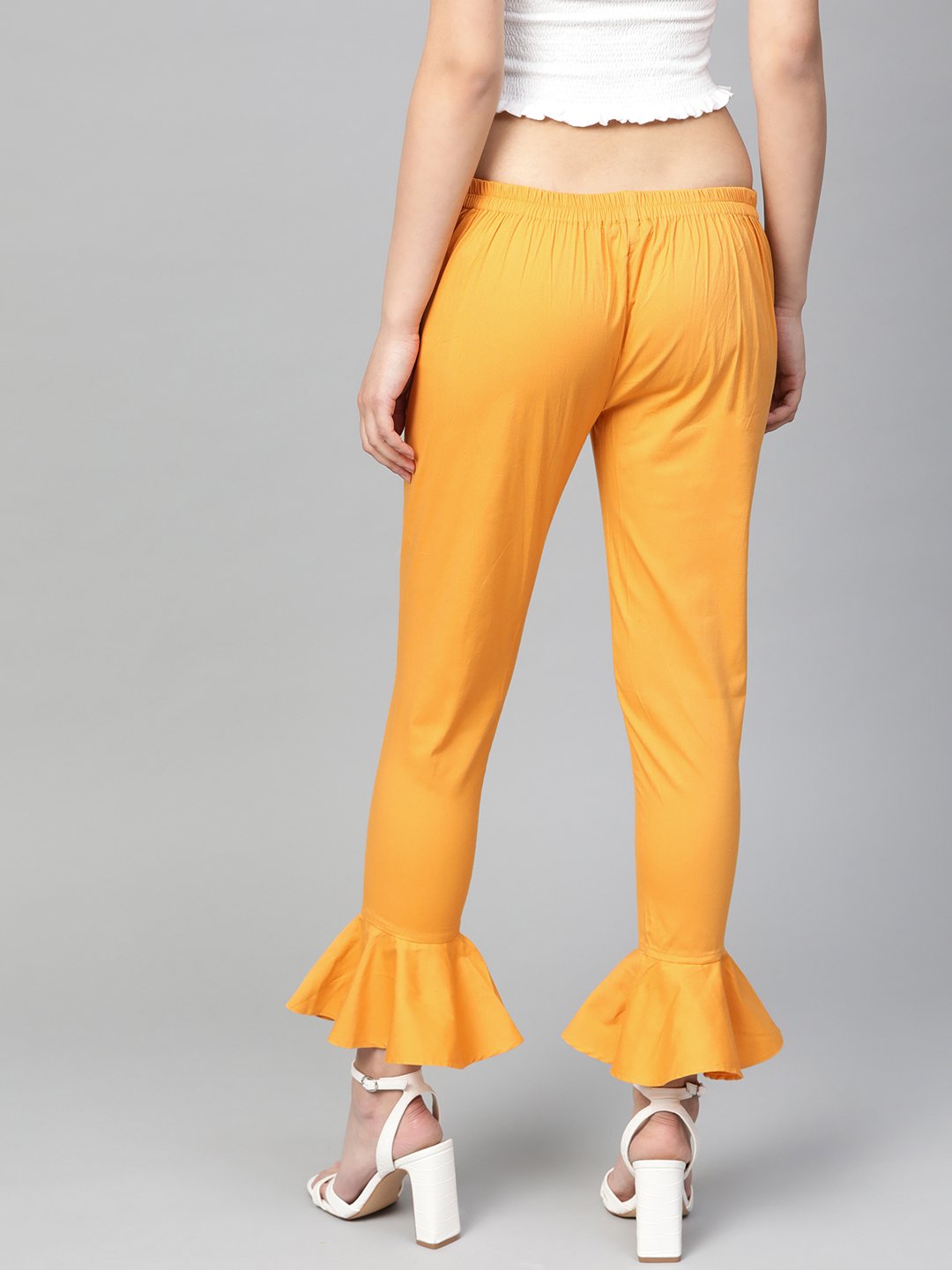 Jompers Women Mustard Smart Fit Solid Bottom Flared Trousers - Distacart