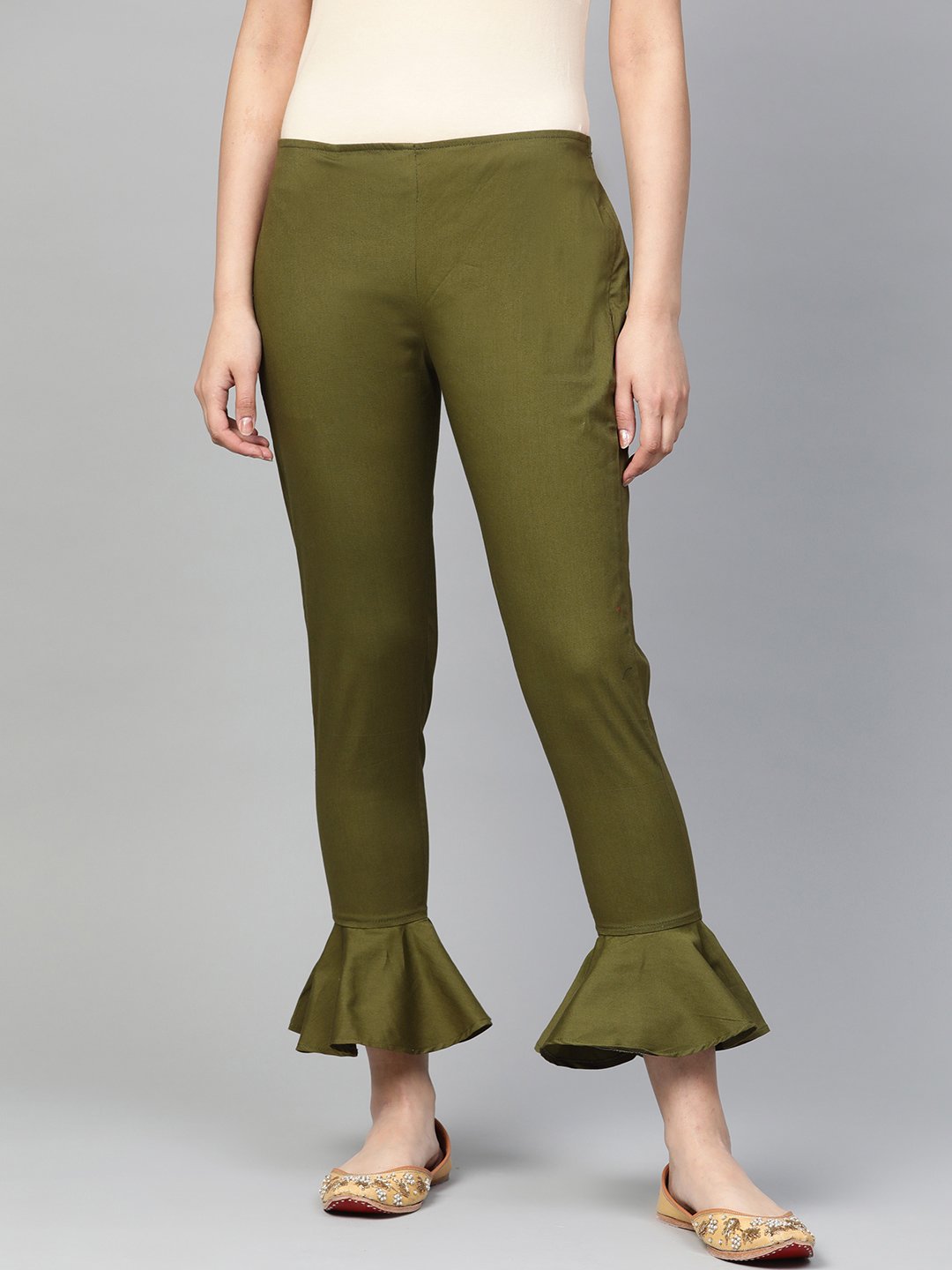 Jompers Women Olive Green Smart Fit Solid Bottom Flared Trousers - Distacart