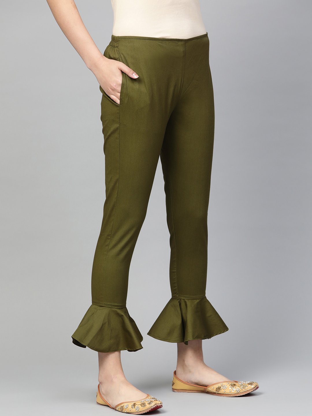 Jompers Women Olive Green Smart Fit Solid Bottom Flared Trousers - Distacart