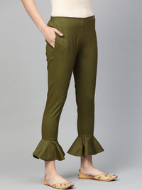 Thumbnail for Jompers Women Olive Green Smart Fit Solid Bottom Flared Trousers - Distacart