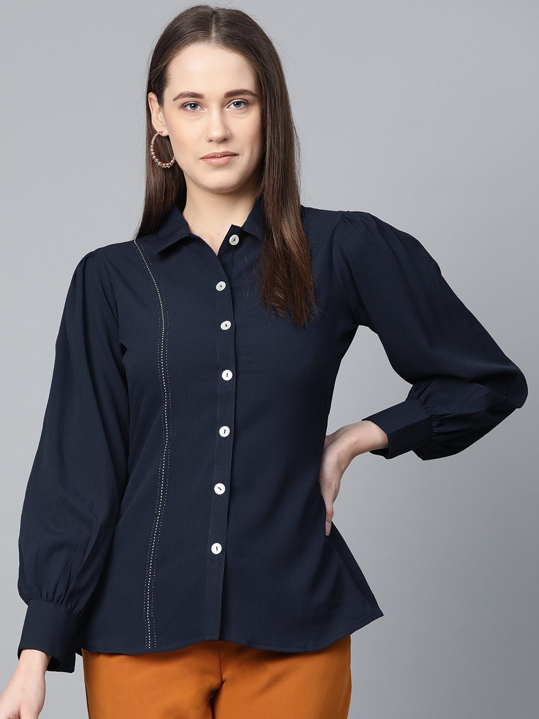 Jompers Women Navy Blue Regular Fit Crinkled Effect Casual Shirt - Distacart