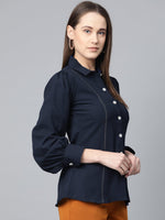 Thumbnail for Jompers Women Navy Blue Regular Fit Crinkled Effect Casual Shirt - Distacart