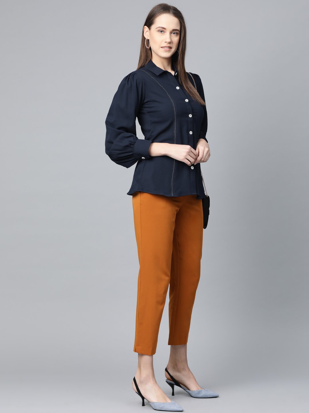 Jompers Women Navy Blue Regular Fit Crinkled Effect Casual Shirt - Distacart