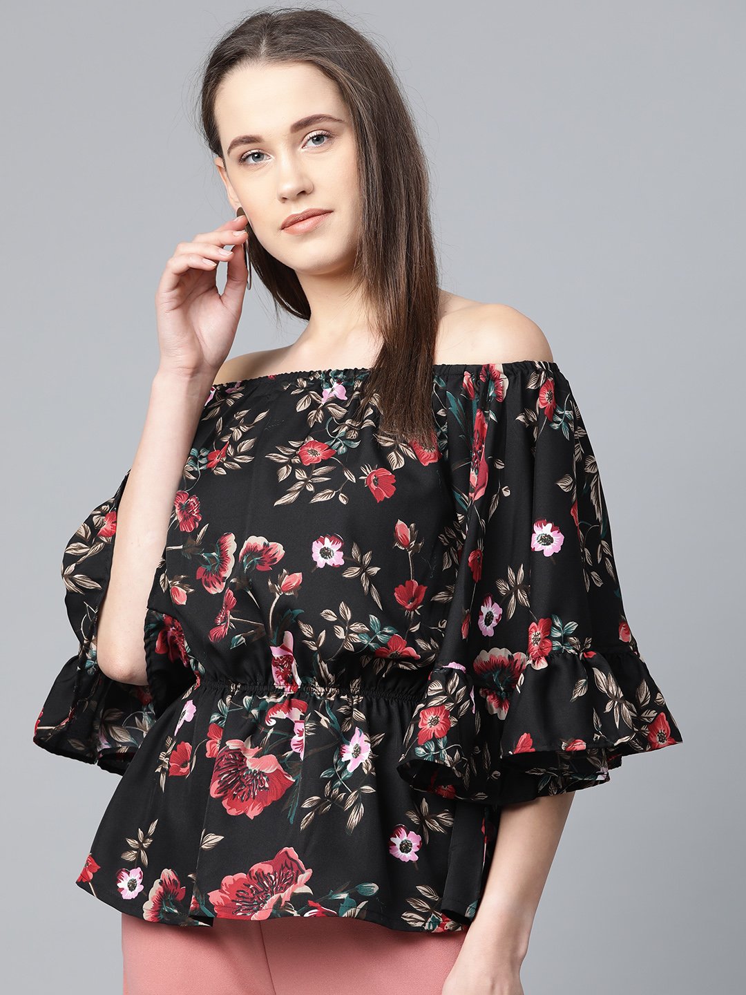 Jompers Women Black Printed Bardot Top - Distacart