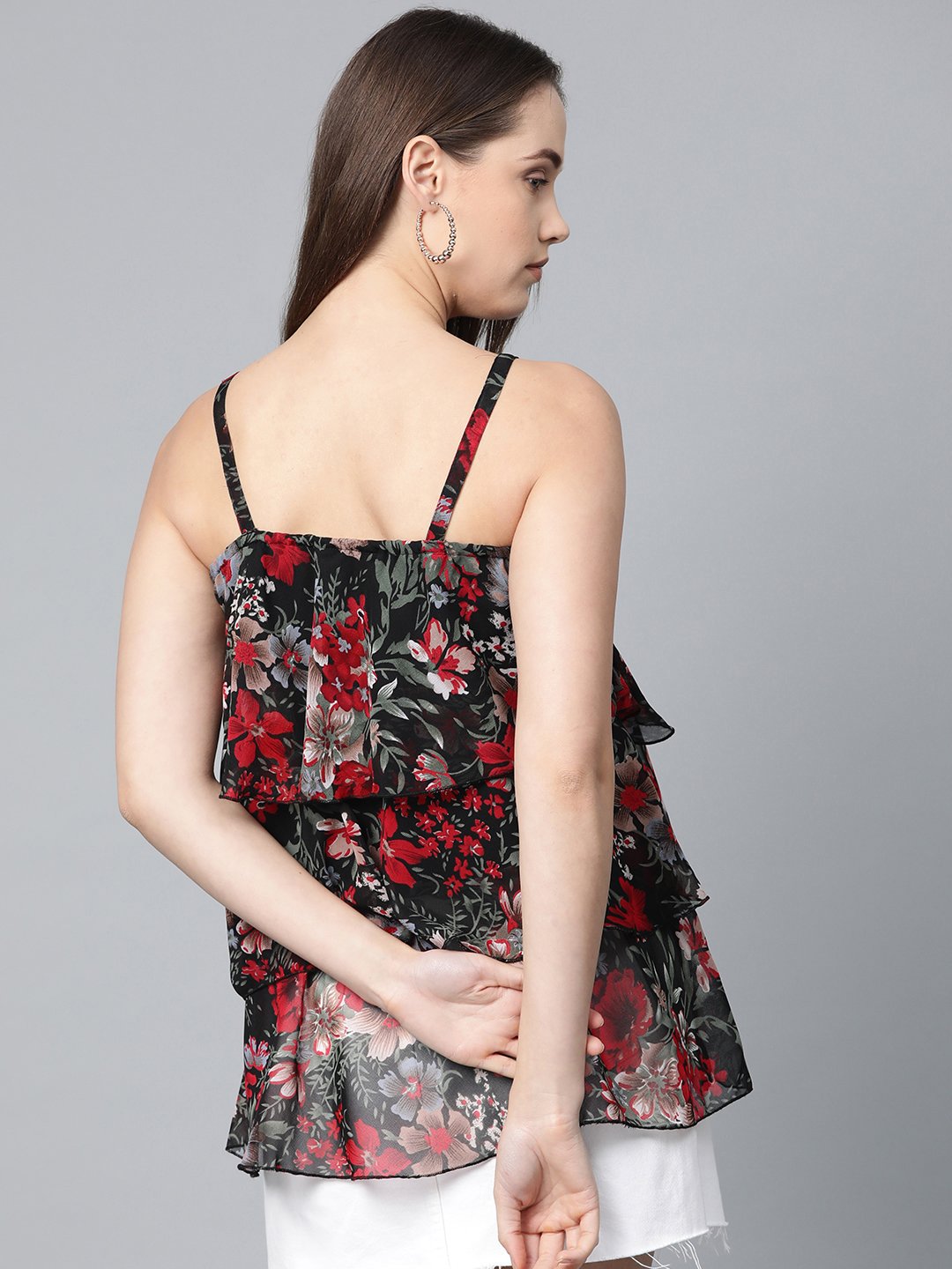 Jompers Women Black & Red Printed Tiered Top - Distacart