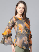 Thumbnail for Jompers Women Grey & Mustard Printed Top - Distacart