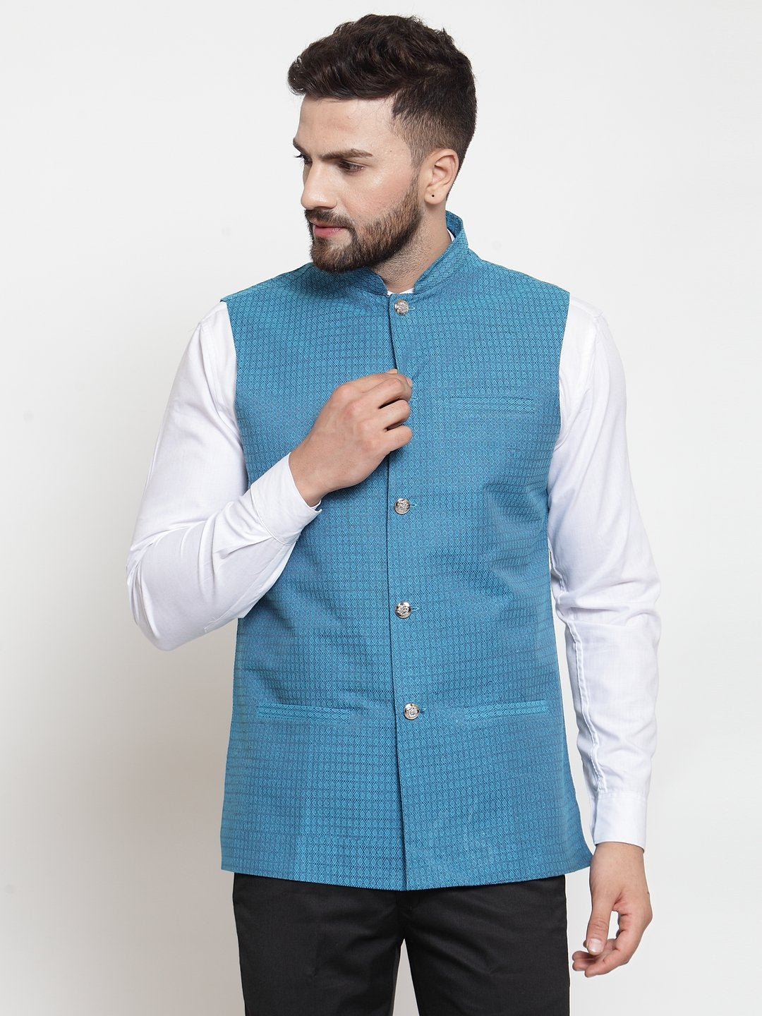 Jompers Men Turquoise Blue Woven Design Nehru Jacket - Distacart