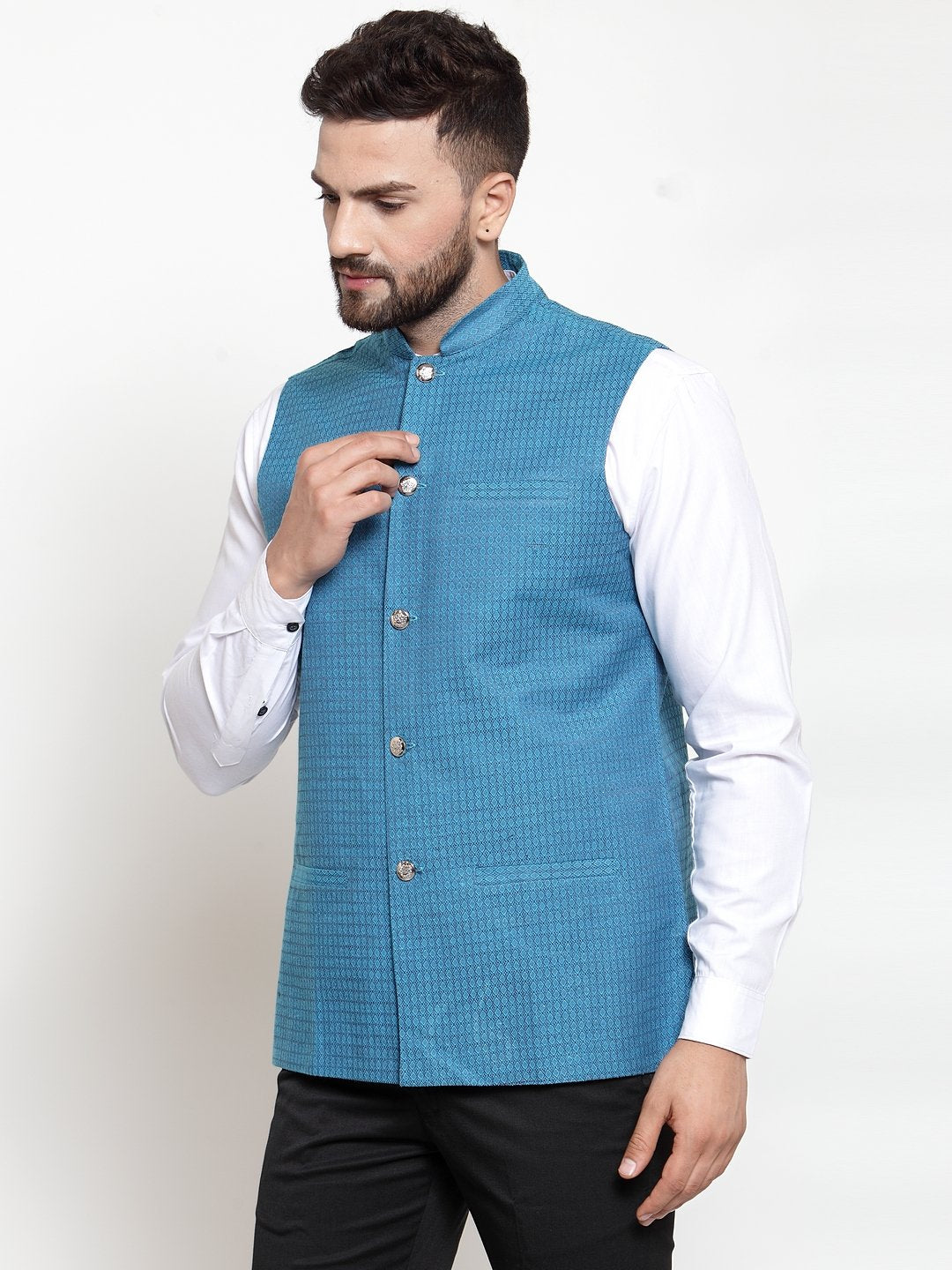 Jompers Men Turquoise Blue Woven Design Nehru Jacket - Distacart