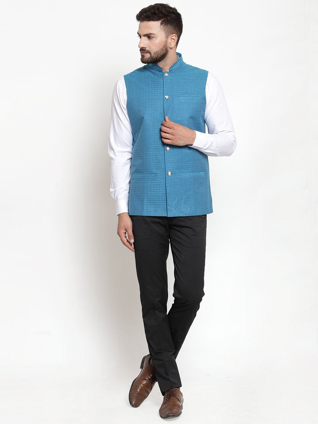 Jompers Men Turquoise Blue Woven Design Nehru Jacket - Distacart