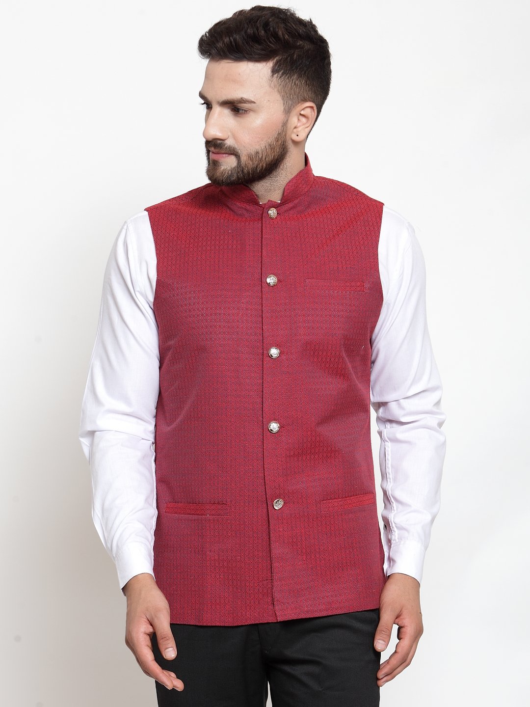 Jompers Men Maroon Woven Design Nehru Jacket - Distacart