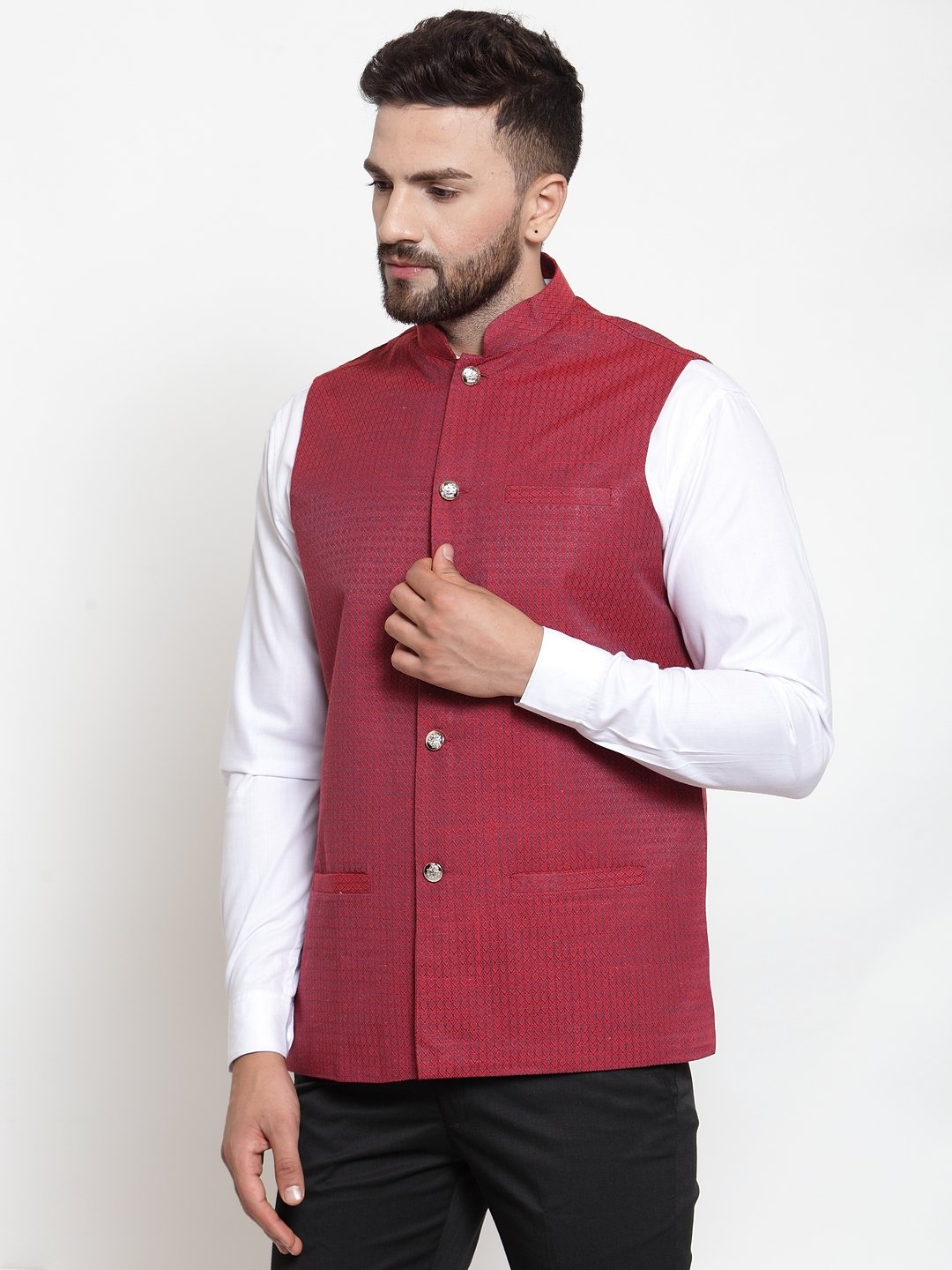Jompers Men Maroon Woven Design Nehru Jacket - Distacart