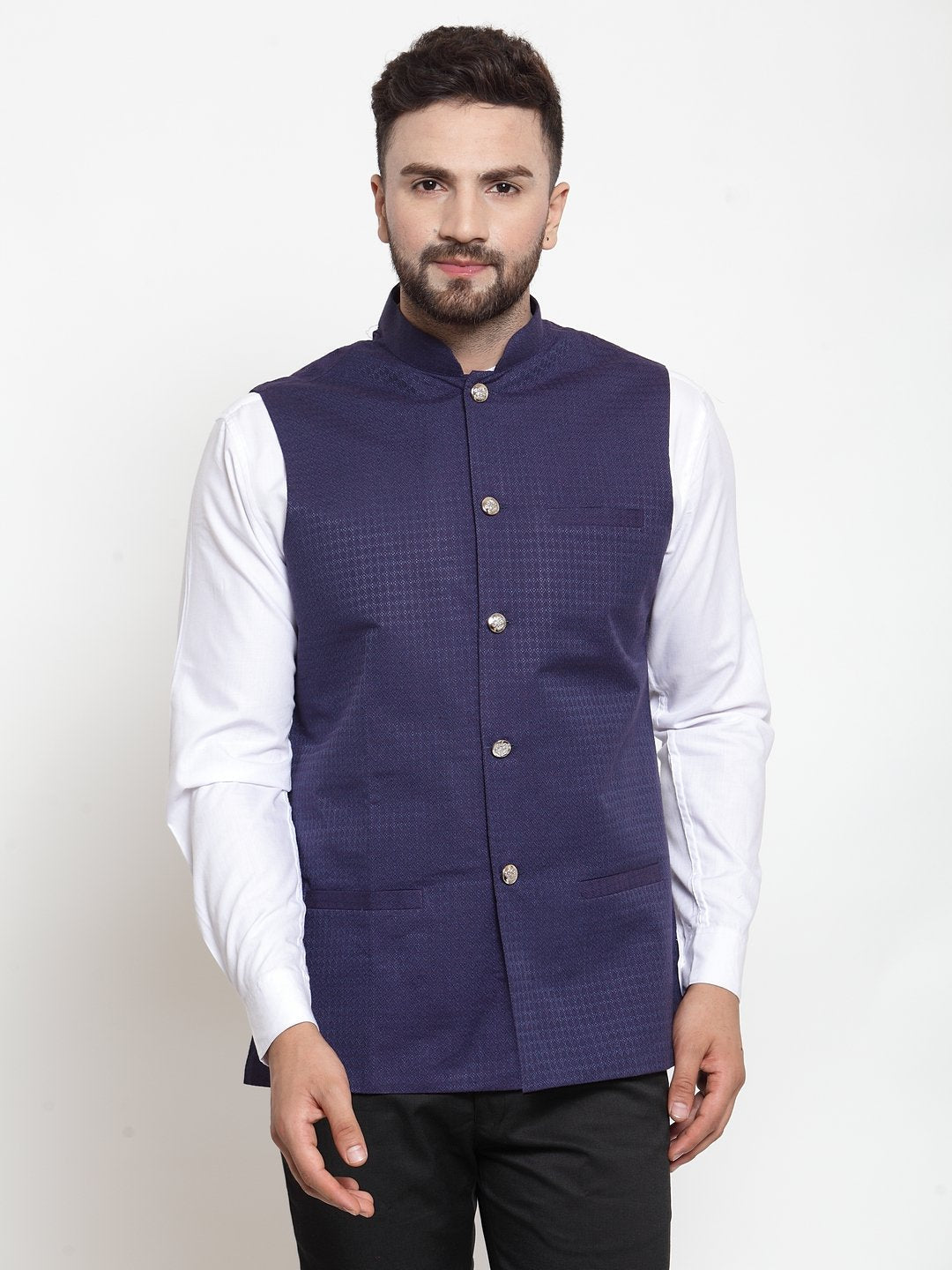 Jompers Men Navy-Blue Woven Design Nehru Jacket - Distacart