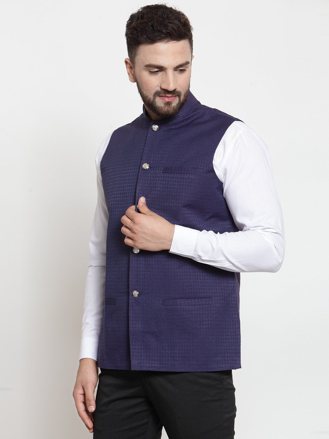 Jompers Men Navy-Blue Woven Design Nehru Jacket - Distacart