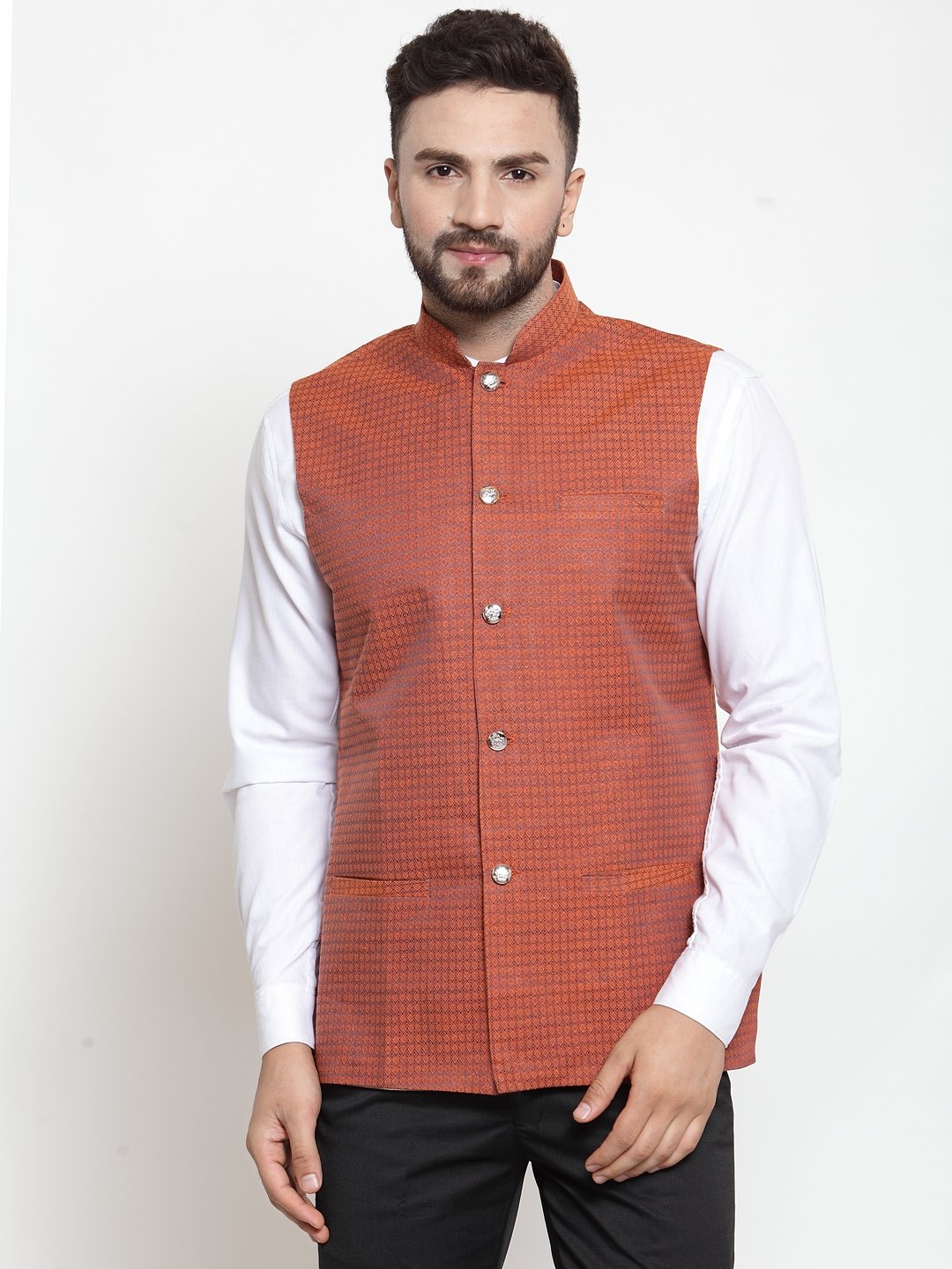 Jompers Men Orange Woven Design Nehru Jacket - Distacart