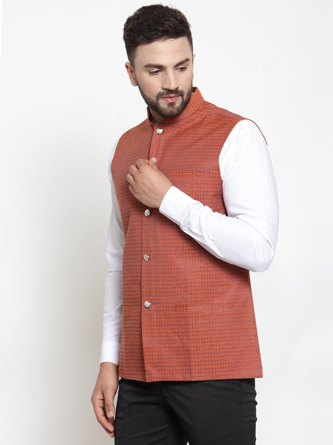 Jompers Men Orange Woven Design Nehru Jacket - Distacart