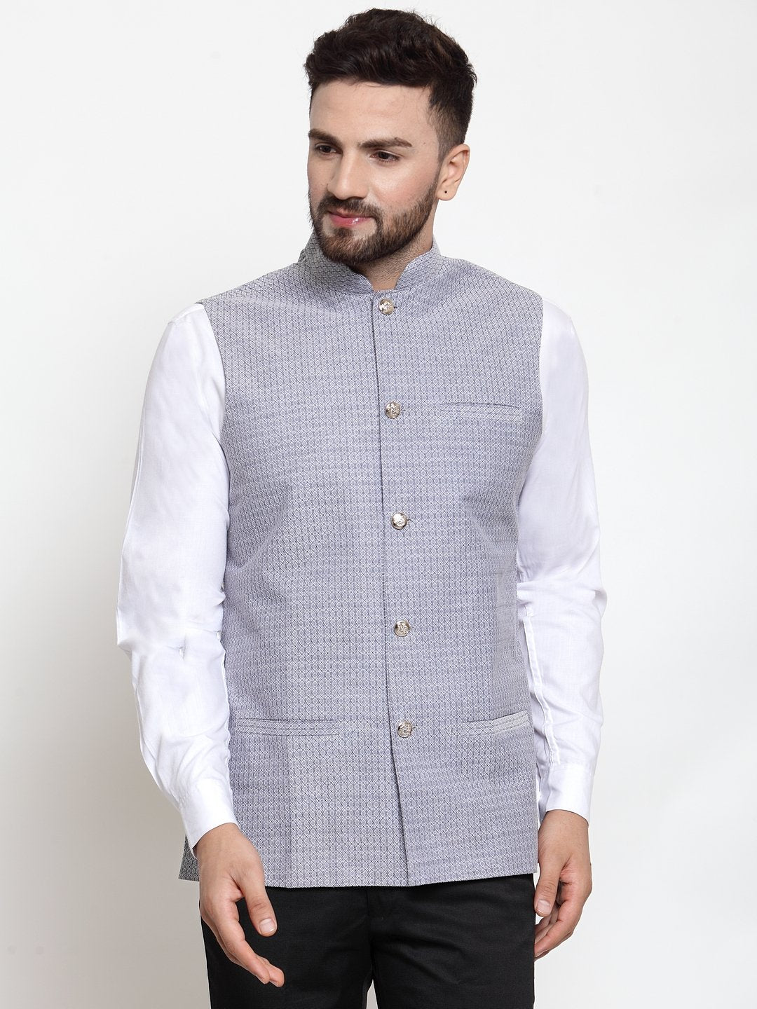 Jompers Men Steel-Blue Woven Design Nehru Jacket - Distacart