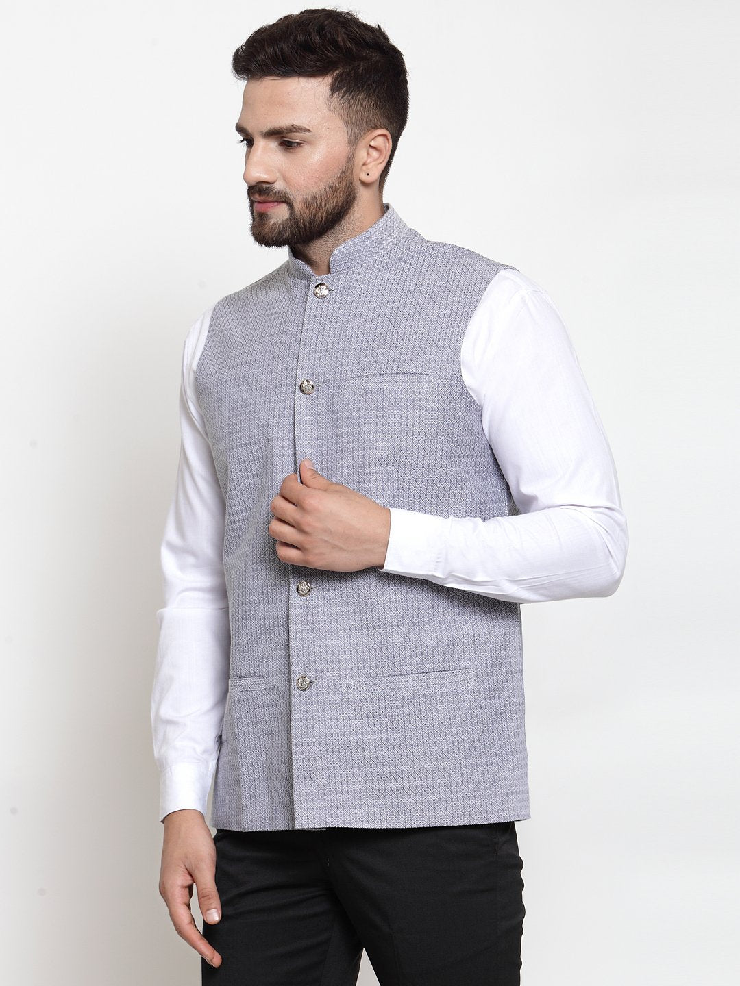Jompers Men Steel-Blue Woven Design Nehru Jacket - Distacart