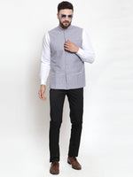 Thumbnail for Jompers Men Steel-Blue Woven Design Nehru Jacket - Distacart