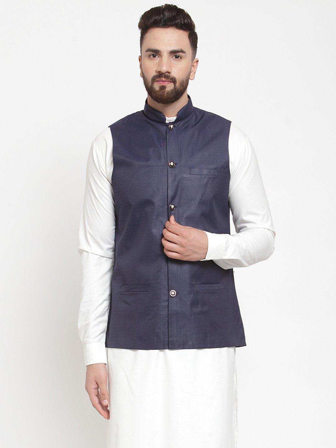 Jompers Men Navy-Blue Solid Nehru Jacket - Distacart