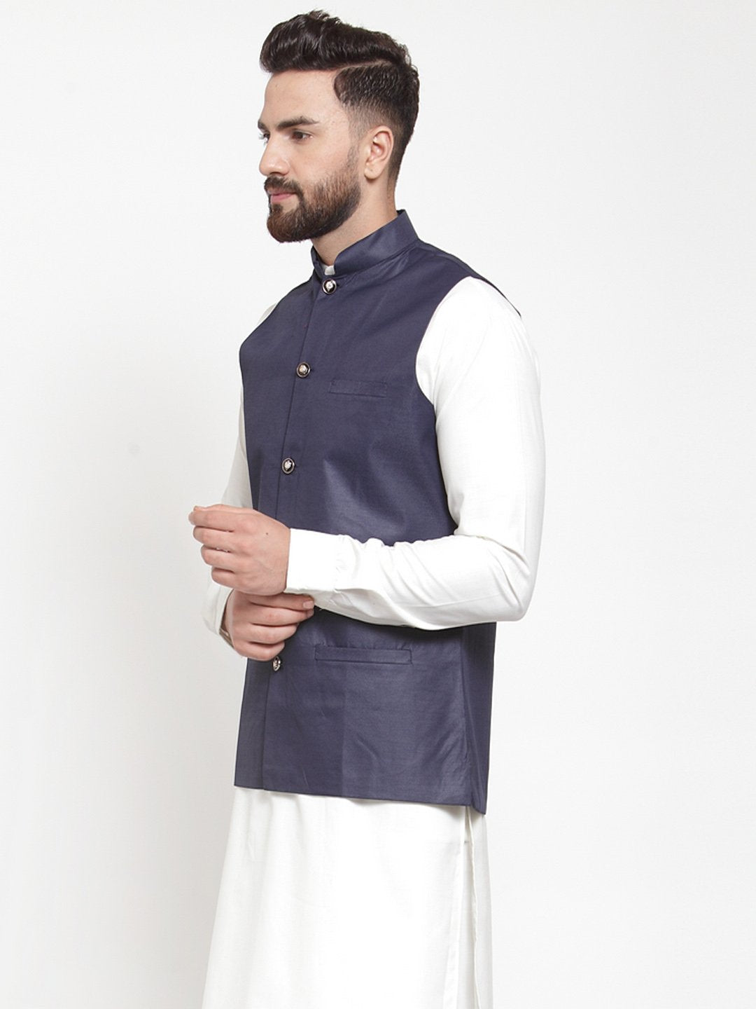 Jompers Men Navy-Blue Solid Nehru Jacket - Distacart