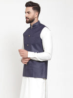 Thumbnail for Jompers Men Navy-Blue Solid Nehru Jacket - Distacart